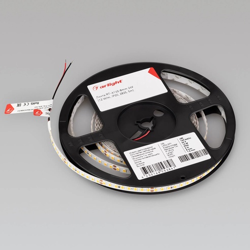 Лента светодиодная RT-A160-8mm 24V Warm3000 (12 W/m, IP20, 2835, 5m) (Arlight, высок.эфф.150 лм/Вт)