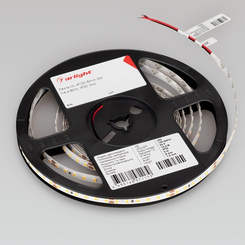 Лента светодиодная UL-A120-8mm 24V Day5000 (9.6 W/m, IP20, 5m) (Arlight, 7 лет)
