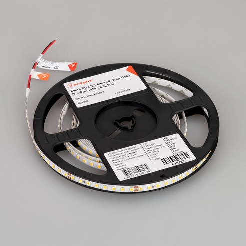 Лента светодиодная RT-A128-8mm 24V Warm3500 (9.6 W/m, IP20, 2835, 5m) (Arlight, высок.эфф.150 лм/Вт)