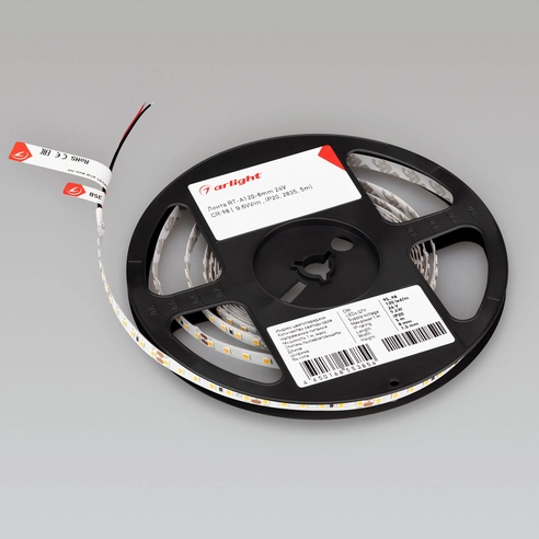 Лента светодиодная RT-A120-8mm 24V Warm2400 (9.6 W/m, IP20, 2835, 5m) (Arlight, Открытый)