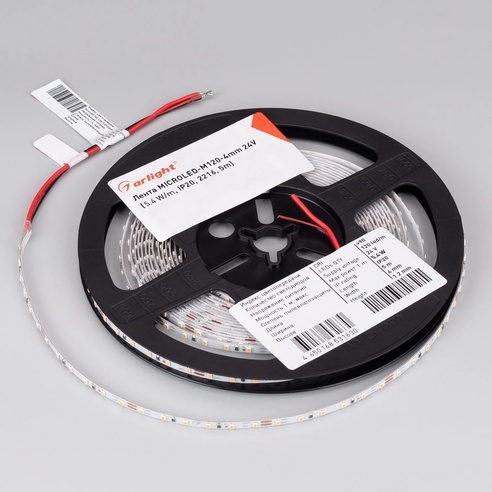 Лента светодиодная MICROLED-M120-4mm 24V White6000 (5.4 W/m, IP20, 2216, 5m) (Arlight, 5.4 Вт/м, IP20)