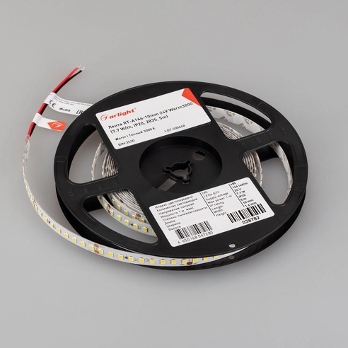 Лента светодиодная RT-A144-10mm 24V Warm3000 (7.7 W/m, IP20, 2835, 5m) (Arlight, высок.эфф.200 лм/Вт)
