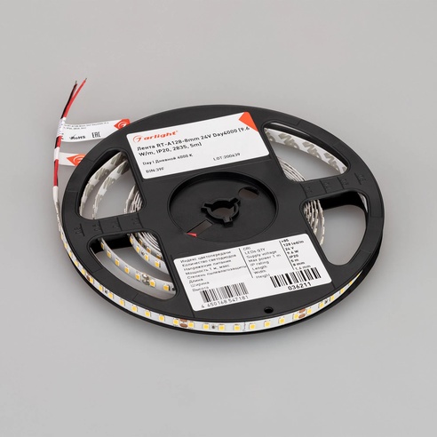Лента светодиодная RT-A128-8mm 24V Day4000 (9.6 W/m, IP20, 2835, 5m) (Arlight, высок.эфф.150 лм/Вт)