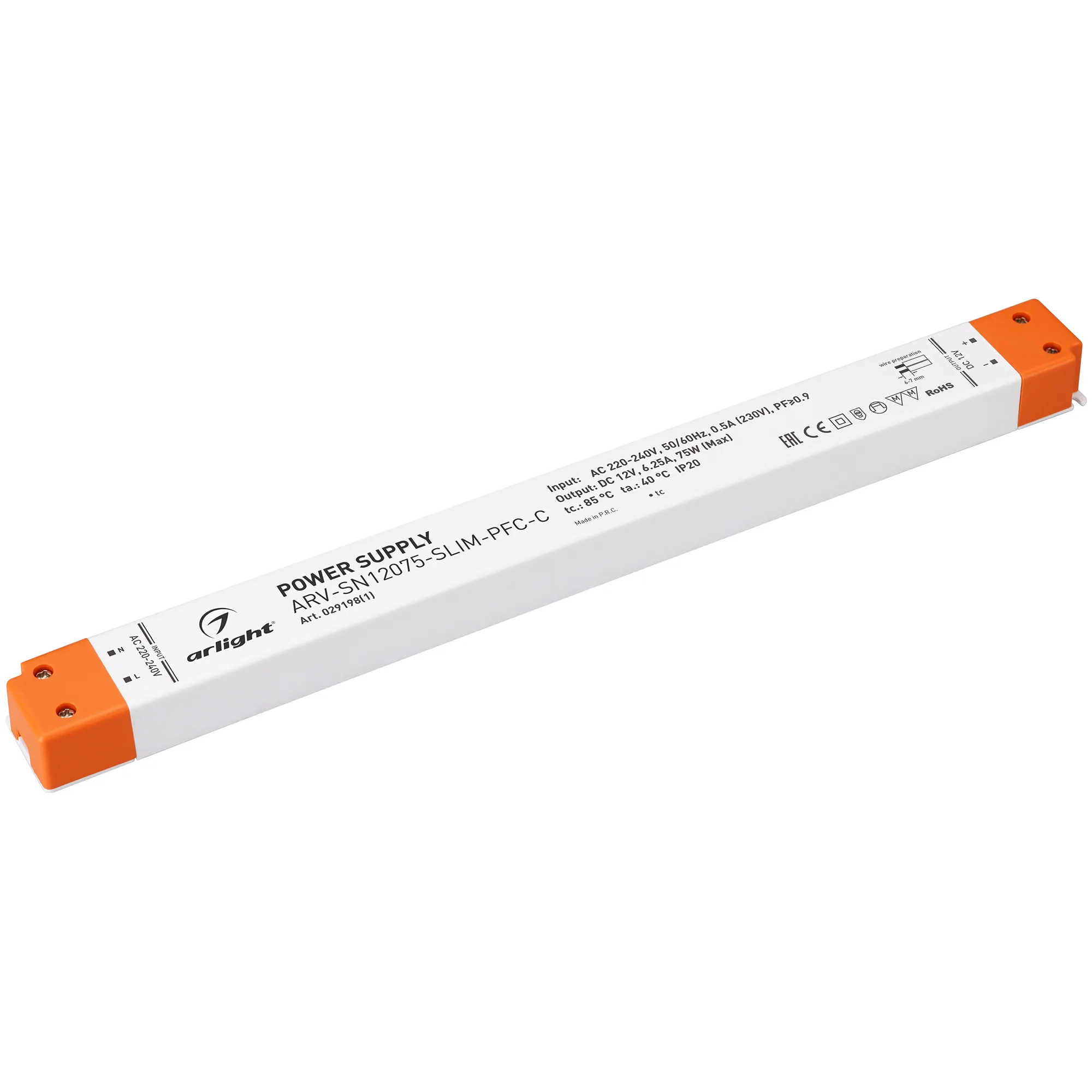 Блок питания ARV-SN12075-SLIM-PFC-C (12V, 6.25A, 75W) (Arlight, IP20 Пластик, 3 года) - изображение товара