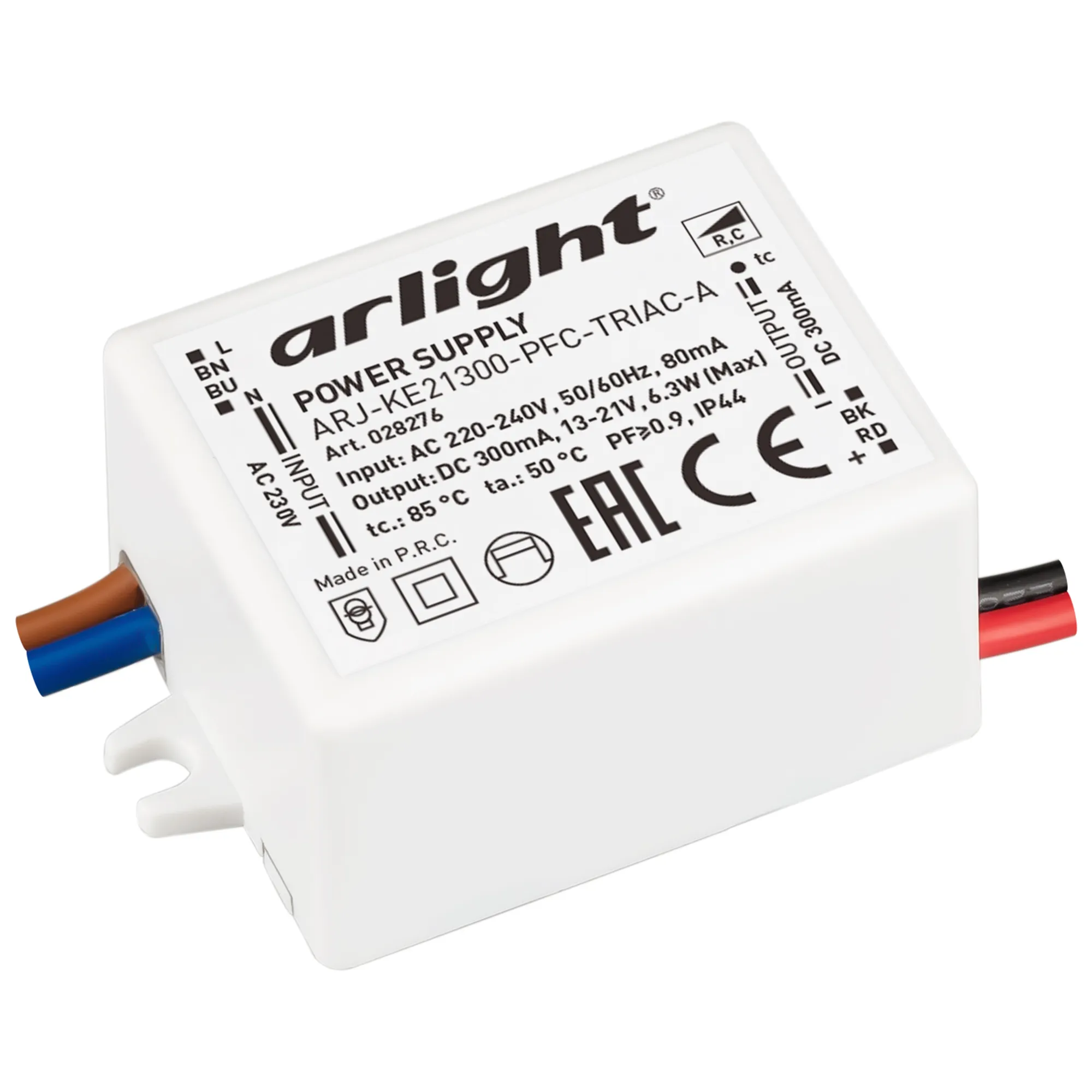 Блок питания ARJ-KE21300-PFC-TRIAC-A (6.3W, 300mA) (Arlight, IP44 Пластик, 5 лет) - изображение товара